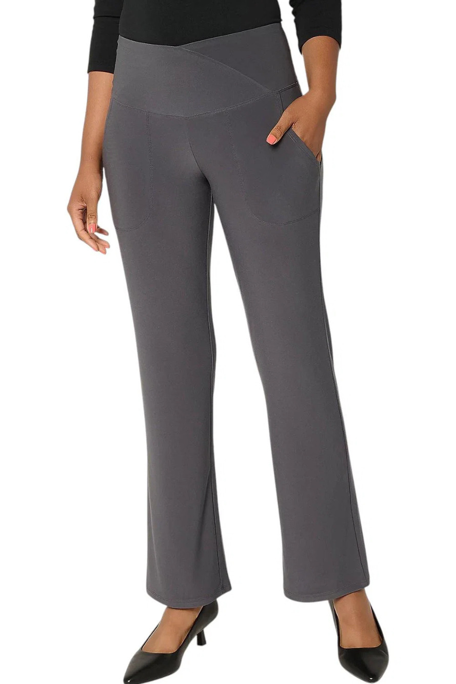 Attitudes by Renee Women's La Roma Jersey Crossover Waist Pants Grey - Petite